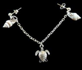 Turtle and Shell Cartilage Earring Set With Chain and Pearls