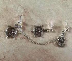 Anchor and Ship Wheel Cartilage Earring Set With Chain
