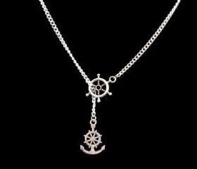 Ship Anchor and Wheel Necklace on Silver Chain