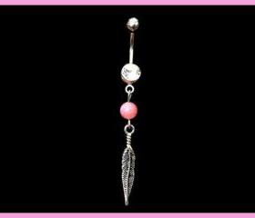 Feather and Pink Bead Belly Ring White Rhinestones