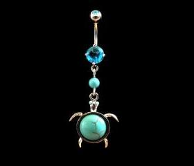 Turtle Turquoise Belly Ring With Turquoise Bead