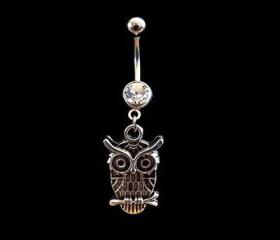 Owl Belly Ring with White Rhinestones
