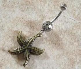 Bronze Starfish Belly Ring on White Rhinestone Belly Ring Body Jewelry